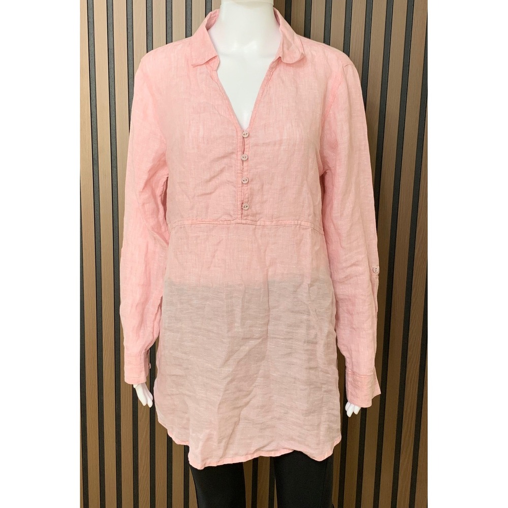 Sigrid Olsen Women's Pink 100% Linen Long Sleeve Button Tunic Top Medium